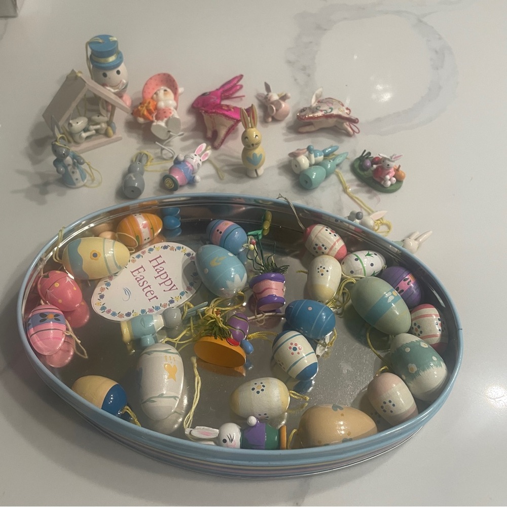 See’s Candy Tin Filled with Wooden Easter Ornaments